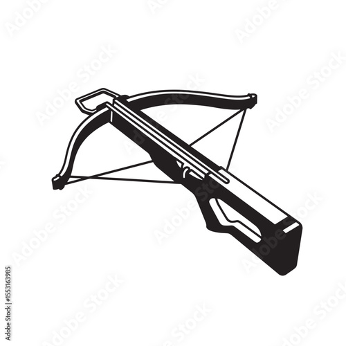 Vintage art silhouette illustration depicting a classic handheld crossbow with bow and string in black and white