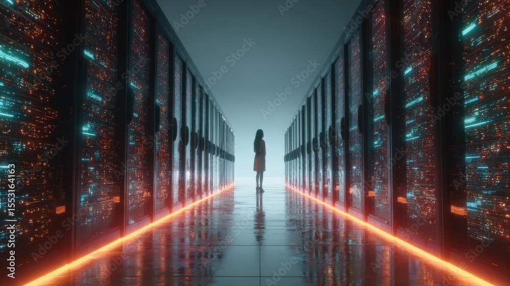Cloud technology executive in high-tech warehouse analyzing server performance with glowing holographic data. Cloud technology executive in high-tech warehouse analyzing server performance with glowing holographic data.