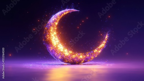 Glowing crescent moon made of sparkling golden and purple lights floating above a reflective surface against a dark purple background, evoking a magical and serene atmosphere