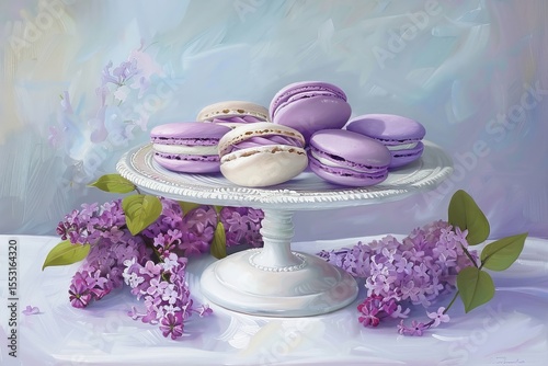 Delicate lavender macarons arranged elegantly on a white pedestal, complemented by fresh purple lilacs nearby, creating a serene atmosphere
