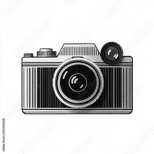 Black and white detailed illustration of a vintage camera with prominent lens and viewfinder on a plain white background