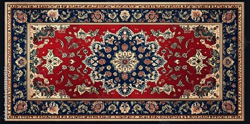 Intricately designed rectangular rug with central floral medallion in navy blue, red, and beige colors featuring detailed ornamental borders and symmetrical patterns