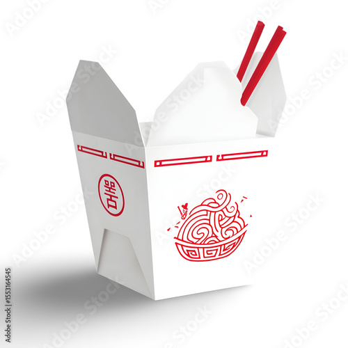 Noodle takeout box: The iconic takeout box, a symbol of convenience, is ready to serve a delicious meal, complete with chopsticks and a hint of culinary delight.