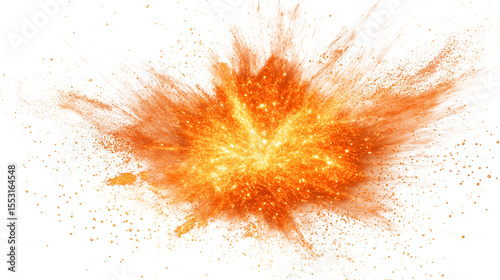 Fiery explosion with orange and yellow sparks isolated on white background