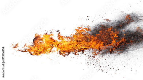 Fiery blast of fire with dynamic trail and dark cloud effects isolated on white background