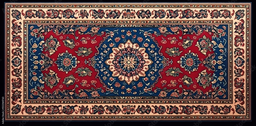 ornate traditional rectangular rug with intricate floral and geometric patterns in red, blue, beige, and black colors ornate traditional rectangular rug with intricate floral and geometric patterns in red, blue, beige, and black colors