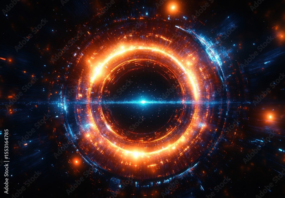 Obraz premium Glowing circular structure emitting radiant orange and blue lights with streaks of light and particles in a dark space background, evoking a futuristic and energetic atmosphere