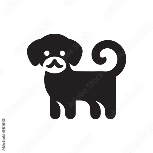 A stylized black silhouette of a small dog with a curly tail, standing.