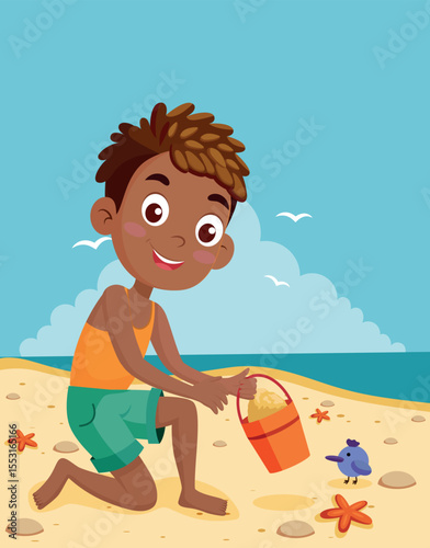 Smiling Boy Playing with Sand on Beach