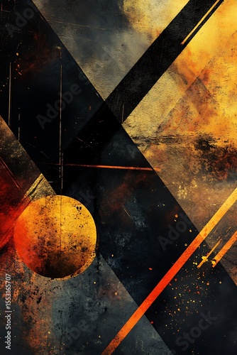 Sharp geometric edges with diagonal lines and circles, warm to cool color gradients creating a smooth finish 