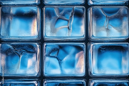 Close-up view of textured glass blocks with cracks and frost-like patterns reflecting blue light and soft warm hues