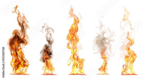 Fiery flames dancing isolated on white background