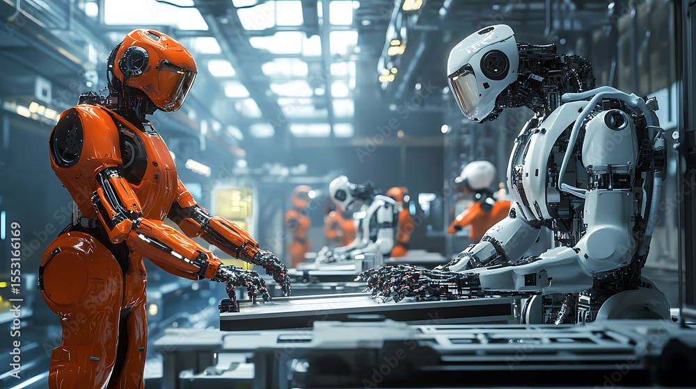 Fototapeta premium A futuristic scene of robots and humans working together on a project (1)