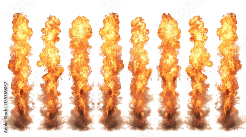 Multiple fire pillars rising isolated on white background