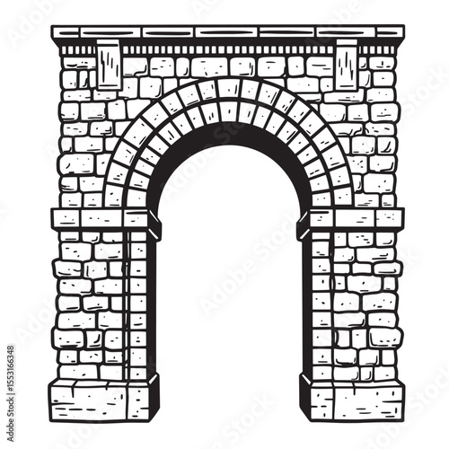 A classic illustrative vintage art silhouette of a historic roman arch structure constructed from textured stonework bricks