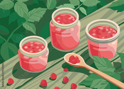 Raspberry Jam in Jars on Wooden Table Surrounded by Green Leaves for Food Blogs, Summer Recipes, Nature Awareness, and Homemade Delights  