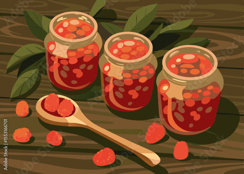 Summer Raspberry Jam in Jars with Wooden Spoon and Fresh Berries on Rustic Table for Food Blogs, Recipe Websites, Culinary Art, and Summer Preserving Awareness  