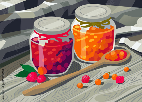 Colorful Jam Jars on a Rustic Tabletop for Food Blogs, Summer Recipes, Home Canning Guides, Seasonal Cooking Content, and Culinary Artwork  