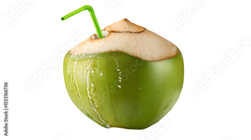 Young green coconut, top sliced open, with a drinking straw inserted, ready to drink fresh coconut water, tropical beverage concept. Isolated on transparent background.