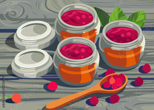 Jars of Raspberry Jam on Wooden Surface with Fresh Berries and Spoon for Culinary Blogs, Recipes, Summer Desserts, Food Styling, and Homemade Preserves Awareness  