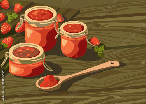 Strawberry Jam Jars on Wooden Table with Fresh Berries for Culinary Blogs, Recipe Websites, Homemade Food Content, Food Styling Ideas, and Summer Preserves Awareness  