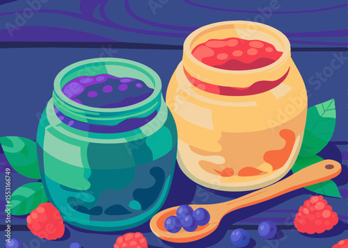 Colorful Jars of Berry Jam with Fresh Fruits on Rustic Background for Food Blogs, Summer Recipes, Healthy Eating, Home Cooking, and Culinary Inspiration  