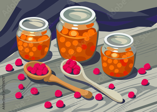 Jam Jars with Summer Berries on Rustic Wooden Surface for Food Blogs, Recipe Websites, Summer Desserts, Nutrition Articles, and Healthy Eating Content  