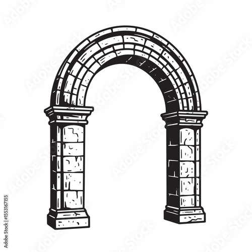 A meticulously detailed vintage art silhouette depicting an ancient roman archway illustration over a white background
