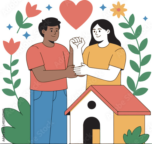 Couple holding hands with flowers heart and house illustration in a flat graphic style woman love