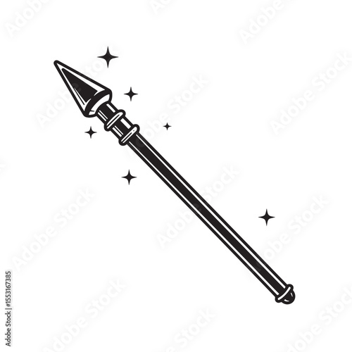 A stylish vintage art silhouette spear illustration rendered in a simple monochromatic black and white style with radiating stars