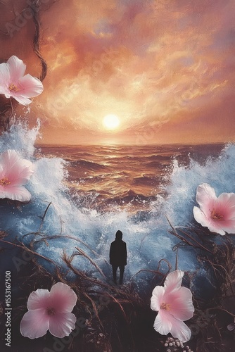 Silhouette of a person standing on tangled branches facing a glowing sunset over turbulent ocean waves with large pink flowers framing the scene