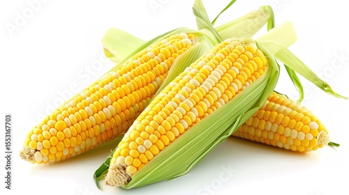Fresh, vibrant yellow corn on the cob isolated on a clean white background, presenting a mouth - watering and healthy food option. Ideal for food - related projects, this image showcases the natural 
