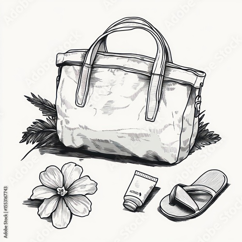 Black and white illustration of a tote bag with tropical leaves, a flower, a tube of cream, and a sandal arranged on a flat surface