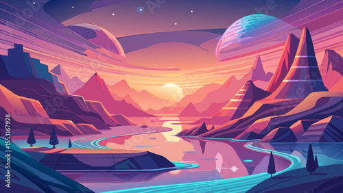 A dreamy abstract valley at sunset, smooth flowing hills bathed in soft golden and lavender light, surreal atmosphere with floating light particles, ambient mist drifting through the valley, minimalis
