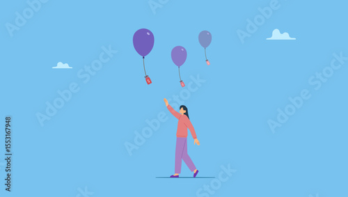 Vector illustration of a woman trying to reach a balloon with a price tag flying high into the sky. Inflation causing price rising up, overvalued stock or funds, consumer purchasing power reducing.