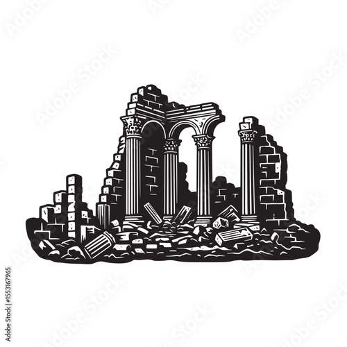 Ancient roman ruins depicted in a vintage art silhouette featuring collapsed columns and architectural elements