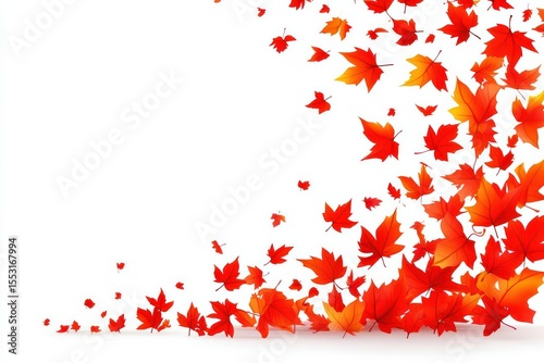 Scattering vibrant red and orange maple leaves transitioning diagonally across a white background symbolizing autumn and change with a dynamic and lively feeling
