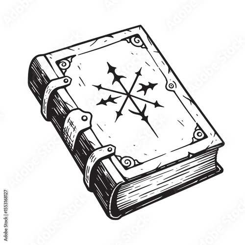 Antique grimoire illustration featuring a vintage art silhouette in black and white perfect for fantasy concepts