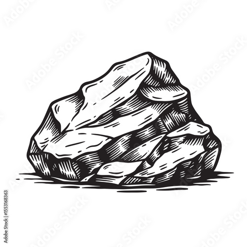 Artistic vintage art silhouette of a detailed rock formation illustration in black and white isolated on white background
