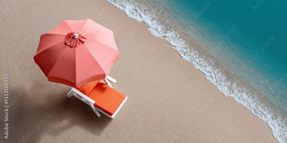 Naklejka premium Overhead View of Coral Beach Umbrella and Orange Lounge Chair on Sandy Beach Near Turquoise Ocean