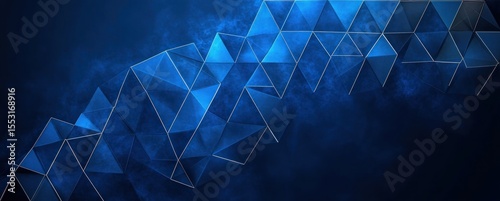 Abstract geometric pattern of glowing blue triangular shapes connected by thin lines against a dark smoky background creating a sense of depth and motion