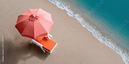 Overhead View of Coral Beach Umbrella and Orange Lounge Chair on Sandy Beach Near Turquoise Ocean