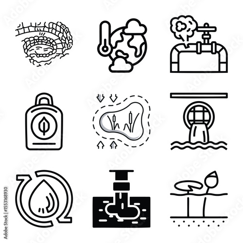 Environmental Pollution And Protection Vector Icons Set Depicting Climate Change Waste Management And Water Purification
