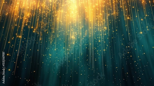 Bright golden light streaks and sparkling particles falling gracefully against a dark teal background creating a magical, festive atmosphere