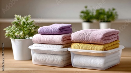 Pastel Colored Towels in Clear Storage Containers on Wooden Surface