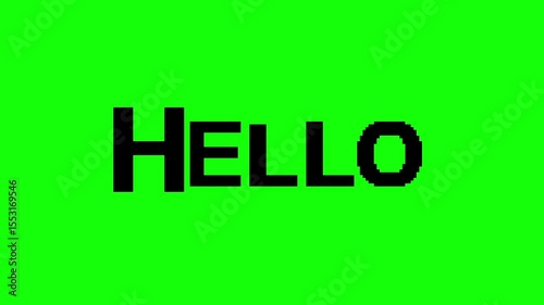 Pixel Hello Text in Retro Colors on Green Background. Summer Message Design Glitch Effect. Ideal for video games, online ads, and design. Retro 8-bit game