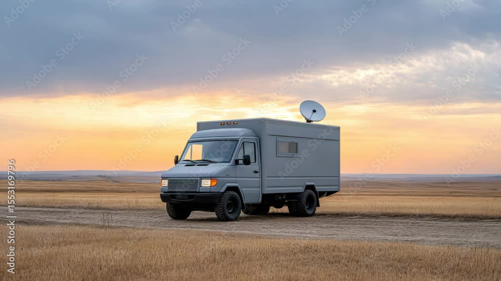 Mobile Communication Vehicle in Open Field: A solitary mobile communication vehicle, complete with a satellite dish, stands amidst a vast, open field, silhouetted against a colorful sunset.