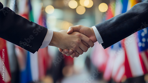 Two nations represented by flags shaking hands on a diplomatic deal