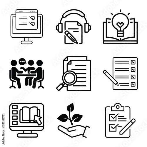 Learning Process And Education Vector Icon Collection In Outline Style Depicting Growth Teamwork And Innovation