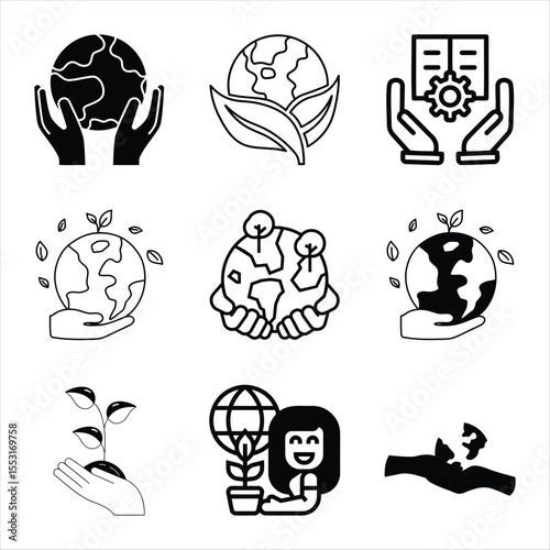 Collection Of Black And White Ecological And Environmental Icons Representing Sustainability And Care For The Earth